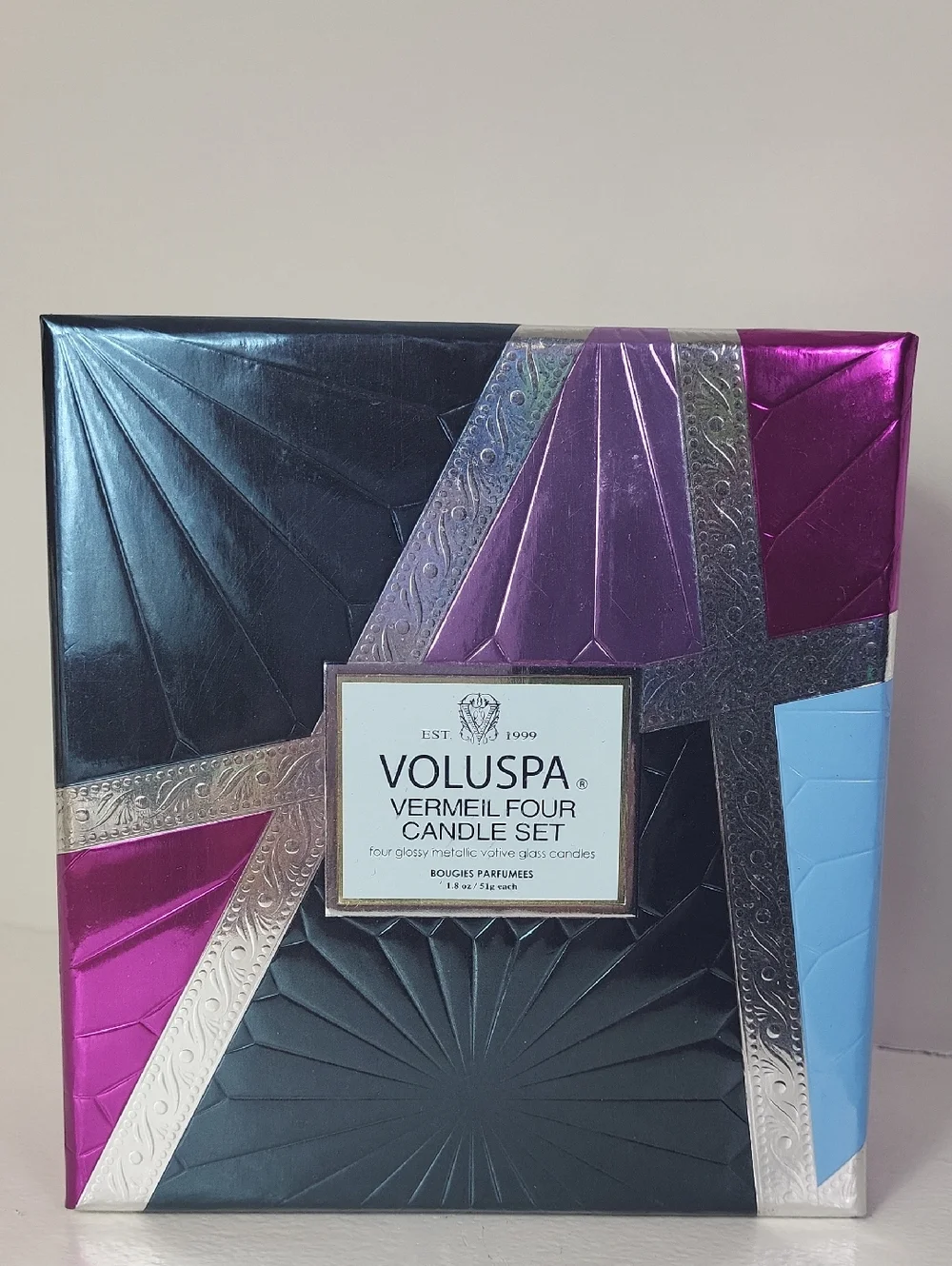 Voluspa Vermeil Four Candle Set - Black, Pink, Blue, Silver